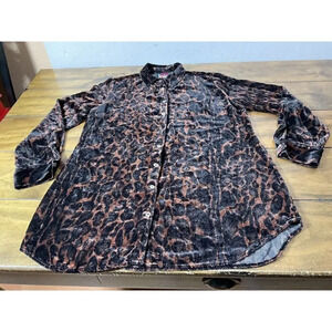Johnny Was Womens Leopard Animal Print Velvet Button Up Silk Blend Top Size S